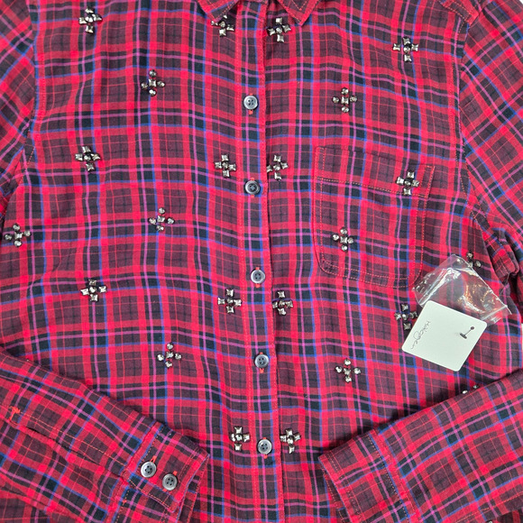 Halogen Embellished Plaid Button Down Shirt Red Jewel Detail Flannel Size Medium - Picture 4 of 12
